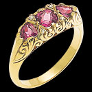 C533B Rhodolite Garnet Three Stone Vintage Carved Diamond Ring